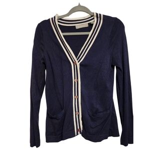 Liz Claiborne Navy Blue Preppy Cardigan Sweater with White Trim